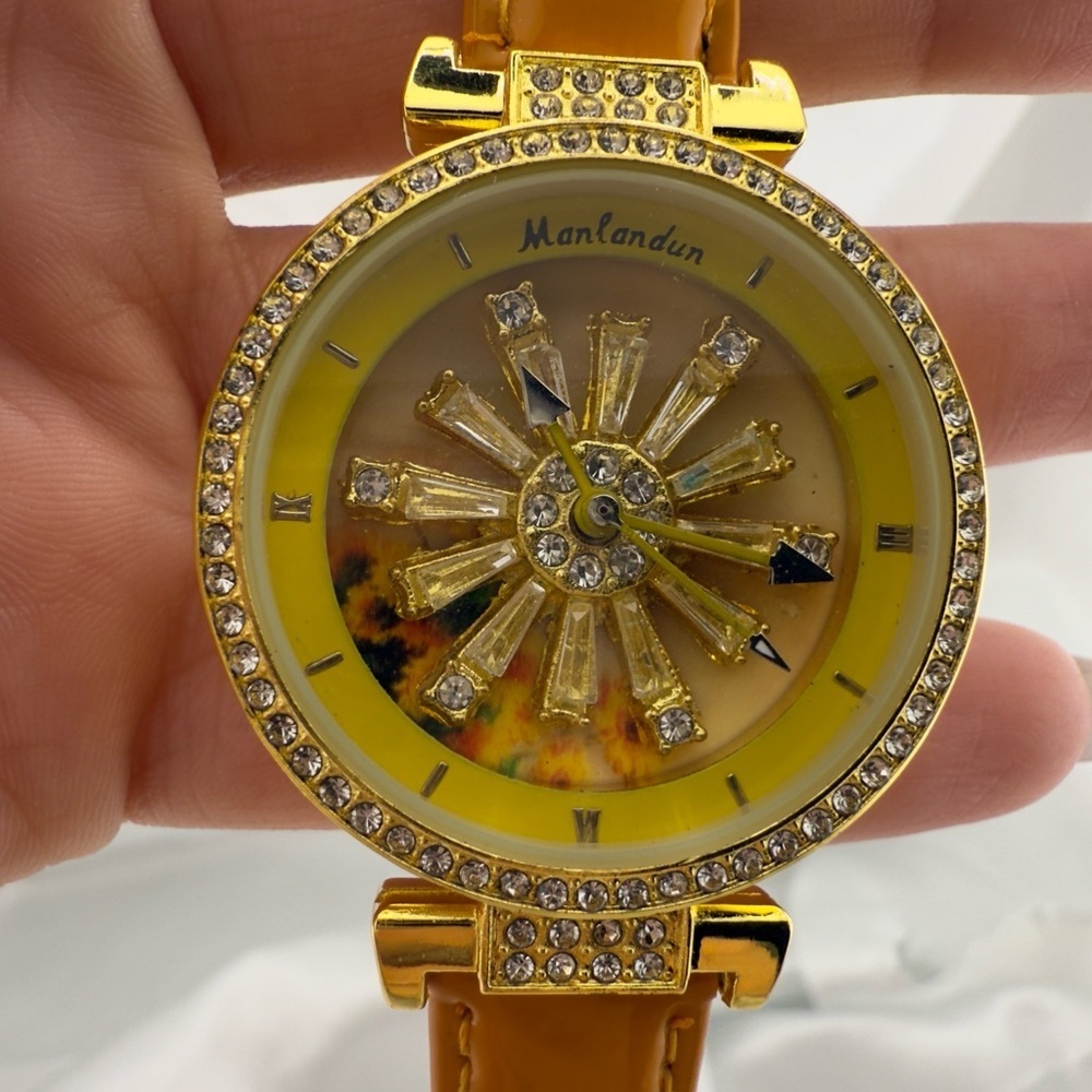 Women&acirc;s Gold Rhinestone Dress Watch With Sunburst Dial